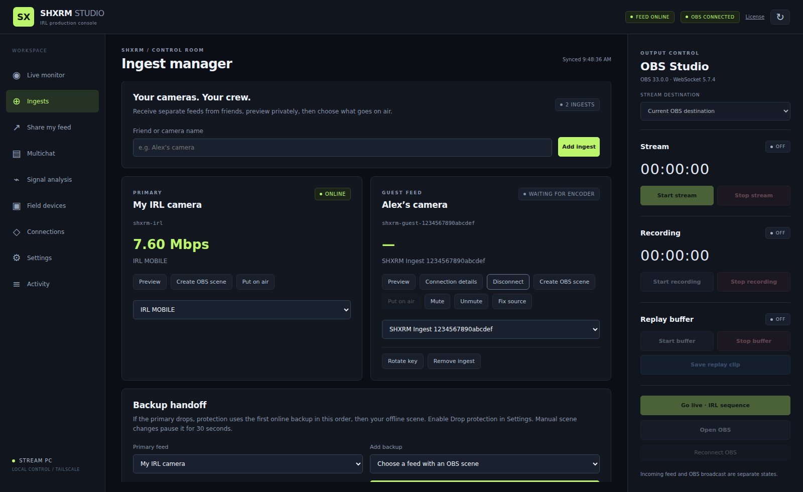 SHXRM Studio ingest manager showing primary and guest cameras, backup handoff, and OBS output controls